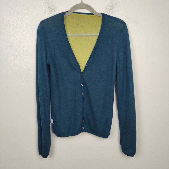 Loro Piana Cashmere Cardigan Womens 42 US 6 Green Blue Reversible FLAW HOLE - Picture 3 of 13